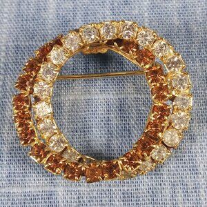 1960s Vintage Pin with Double Circle Brown and Clear Rhinestones